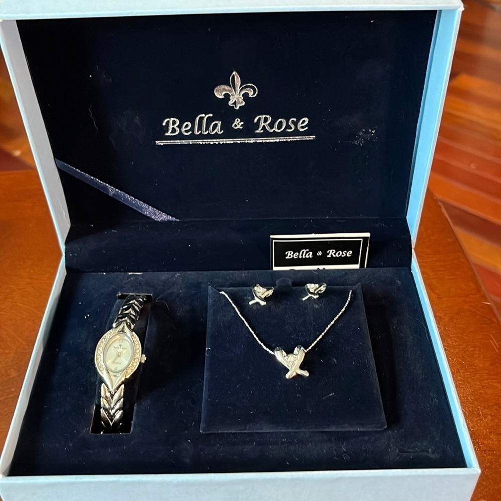 NIB Bella & Rose Watch gift set silver tone w/ rhinestones